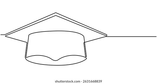 Continuous one line art drawing of graduation hat design vector illustration. university graduation sign isolated white background. Editable stroke.
