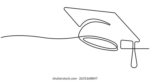 Continuous one line art drawing of graduation hat design vector illustration. university graduation sign isolated white background. Editable stroke.
