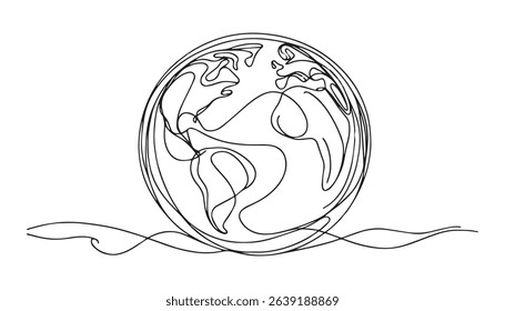 Continuous one line art drawing of earth planet, Globe, geography vector outline, Single line illustration of world map