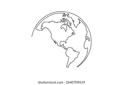 Continuous one line art drawing of earth planet, Globe, geography vector outline,  Single-line drawing of the Earth. Globe in one line style. Vector illustration.