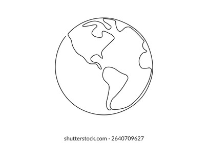 Continuous one line art drawing of earth planet, Globe, geography vector outline,  Single-line drawing of the Earth. Globe in one line style. Vector illustration.