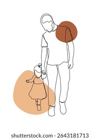 Continuous One Line Art Drawing for Happy Father's Day. Happy young father with little daughter. Daddy and daughter in continuous line art. Vector Illustration.