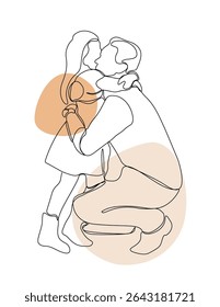 Continuous One Line Art Drawing for Happy Father's Day. Happy young father with little daughter. Daddy and daughter in continuous line art. Vector Illustration.