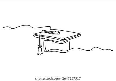 Continuous one line art drawing of graduation hat. Hand drawn one line vector. Editable stroke	