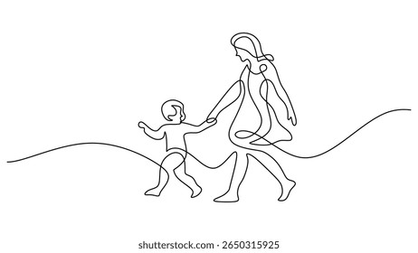 Dibujo de arte continuo de una línea de mujeres madre caminando de la mano con su niña. Concepto de confianza entre padre e hijo.