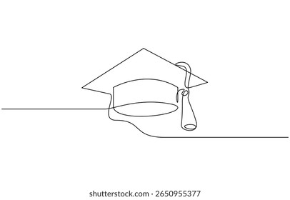 Continuous one line art drawing of graduation hat design vector illustration, Graduation cap and diploma continuous one line drawing. Graduation, celebration, achievement concept. Single line drawing