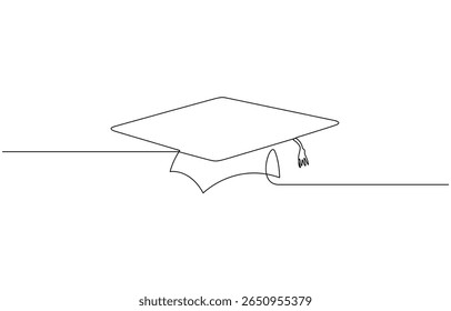 Continuous one line art drawing of graduation hat design vector illustration, Graduation cap and diploma continuous one line drawing. Graduation, celebration, achievement concept. Single line drawing