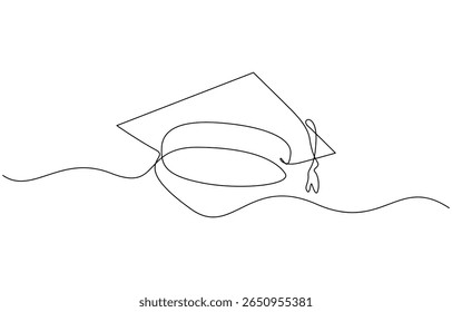 Continuous one line art drawing of graduation hat design vector illustration, Graduation cap and diploma continuous one line drawing. Graduation, celebration, achievement concept. Single line drawing