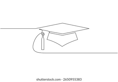 Continuous one line art drawing of graduation hat design vector illustration, Graduation cap and diploma continuous one line drawing. Graduation, celebration, achievement concept. Single line drawing
