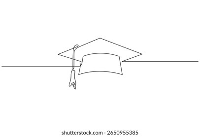 Continuous one line art drawing of graduation hat design vector illustration, Graduation cap and diploma continuous one line drawing. Graduation, celebration, achievement concept. Single line drawing