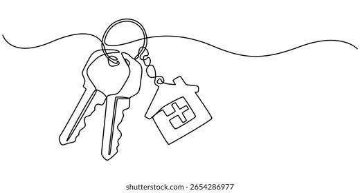 Continuous one line art drawing symbol of house keys, Simple key house outline drawing illustration. one continuous line drawing of Key house, A keychain house, Minimalistic icon, Real Estate Line.