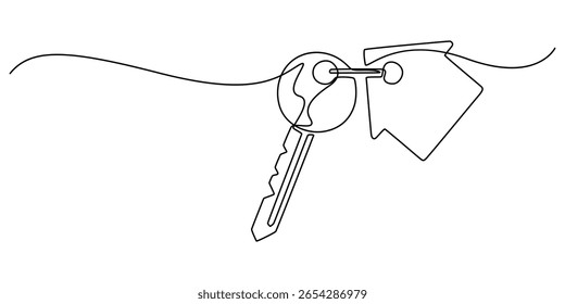 Continuous one line art drawing symbol of house keys, Simple key house outline drawing illustration. one continuous line drawing of Key house, A keychain house, Minimalistic icon, Real Estate Line.