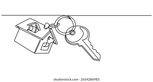 Continuous one line art drawing symbol of house keys, Simple key house outline drawing illustration. one continuous line drawing of Key house, A keychain house, Minimalistic icon, Real Estate Line.