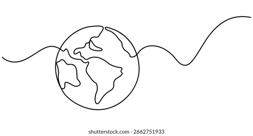 Continuous one line art drawing of earth planet, Globe, geography vector outline, Globe in one line style, Single line illustration of world map, Vector illustration