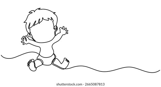 Continuous one line art drawing baby boy sitting vector illustration, single line draw, Continuous one single minimal line drawing boy.