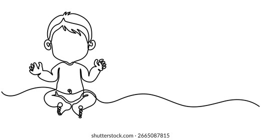 Continuous one line art drawing baby boy sitting vector illustration, single line draw, Continuous one single minimal line drawing boy.