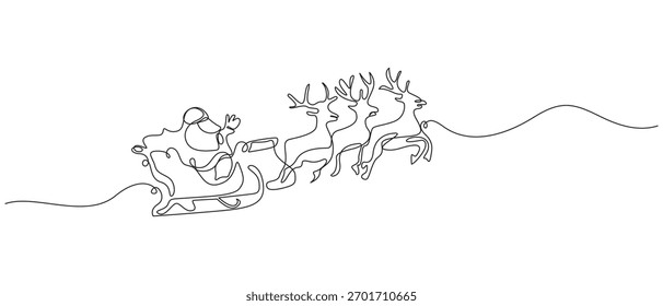 Continuous one line arte desenho Natal Papai Noel e Reindeer Sleigh Flying, Papai Noel com Reindeer Linha contínua arte vetor de Natal,