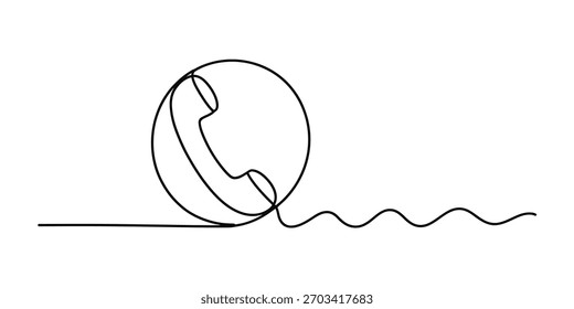 Desenho contínuo de uma linha de arte de um receptor de telefone retro em um círculo com uma linha ondulada, simbolizando comunicação e contato