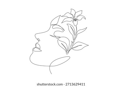 Dibujo de arte continuo de una línea de cara de mujer hermosa con flor. Estilo de arte lineal simple para el diseño de moda de belleza