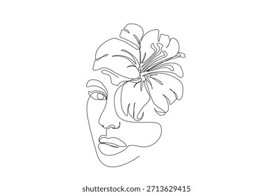 Dibujo de arte continuo de una línea de cara de mujer hermosa con flor. Estilo de arte lineal simple para el diseño de moda de belleza