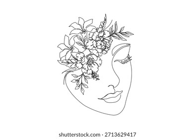 Dibujo de arte continuo de una línea de cara de mujer hermosa con flor. Estilo de arte lineal simple para el diseño de moda de belleza