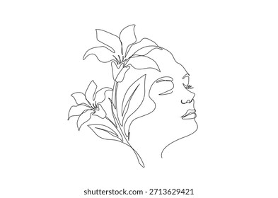 Dibujo de arte continuo de una línea de cara de mujer hermosa con flor. Estilo de arte lineal simple para el diseño de moda de belleza