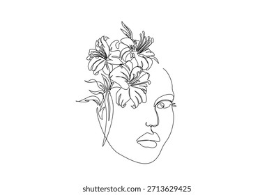 Dibujo de arte continuo de una línea de cara de mujer hermosa con flor. Estilo de arte lineal simple para el diseño de moda de belleza