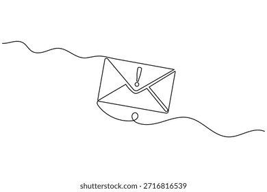 Dibujo continuo de una línea de un sobre de correo con un signo de exclamación para mensaje urgente