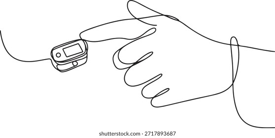 Kontinuierliche einzeilige Kunstzeichnung. Hand mit Oximeter auf Finger. Digitale Vorrichtung zur Messung der Sauerstoffsättigung beim Menschen, Pulsoxymeter mit einer einzigen Zeile. einzeilige Symbolzeichnung
