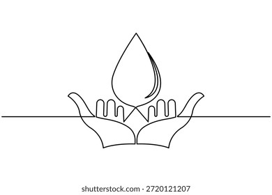 Dibujo continuo de una línea de arte de la mano humana que sostiene la Ilustración vectorial de diseño de gota de agua