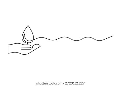 Dibujo continuo de una línea de arte de la mano humana que sostiene la Ilustración vectorial de diseño de gota de agua
