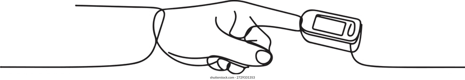 Dibujo continuo de una línea de arte. Mano con oxímetro en el dedo. Dispositivo digital para medir la saturación de oxígeno en humanos. una línea Icono dibujo
