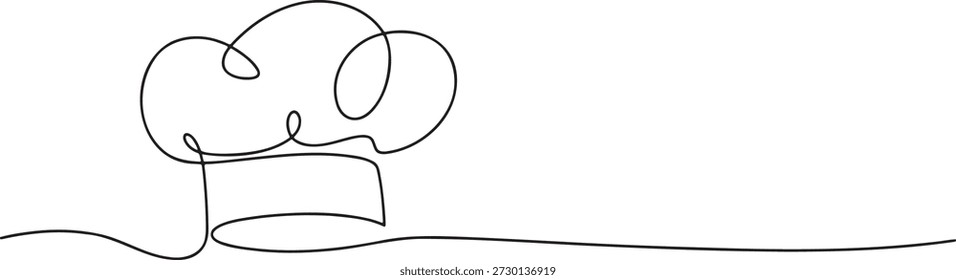 Continuous one line art drawing of a classic chef hat. The fluid line captures the iconic shape of the toque, representing culinary excellence, passion for cooking, and professional kitchen artistry. Simple vector illustration of a cooking symbol in abstract style, perfect for food-related themes and hospitality. Black outline on transparent background.