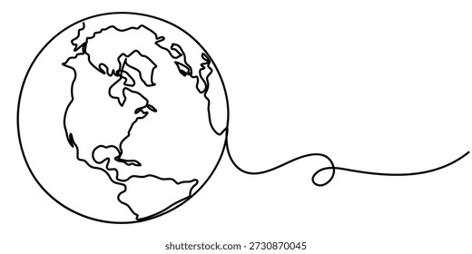 Continuous one line art drawing of earth, Globe, geography vector outline, Single line illustration of world map. 