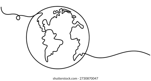 Continuous one line art drawing of earth, Globe, geography vector outline, Single line illustration of world map. 