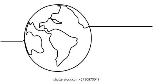 Continuous one line art drawing of earth, Globe, geography vector outline, Single line illustration of world map. 