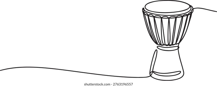 Continuous one line art drawing of a djembe drum. Hand-drawn vector sketch illustration on transparent background. Single line drawing, musical instrument, african culture, traditional percussive sound, rhythmic pattern, expressive music, sound vibrations, artistic design, rhythmic beat, music performance, entertainment instrument, musical rhythm.