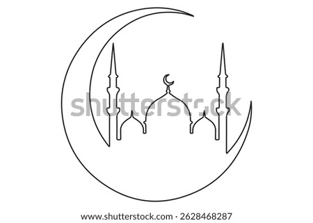 Continuous one line art drawing of a mosque and crescent moon
