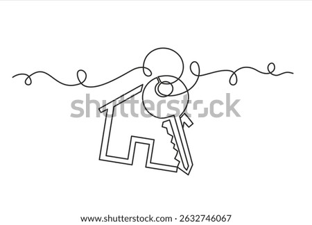 Continuous one line art drawing symbol of house keys, Real Estate Line Icon Vector Design, Single continuous line drawing keychain with key ring,  key and a pendant house locket. Editable stroke.