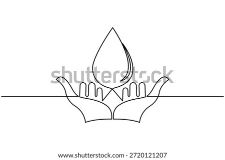 Continuous one line art drawing of human hand holding water drop design vector illustration