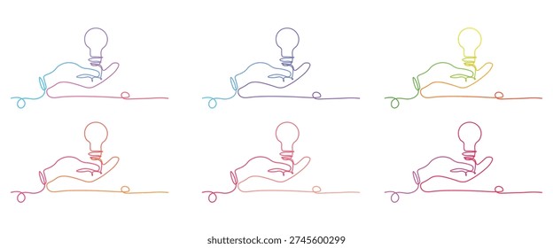 Continuous one line art drawings of human hands holding glowing light bulbs in vibrant colourful gradients symbolising creative ideas and innovation on a clean white background