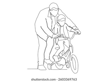 Continuous one line art of father helping child to drive bicycle.