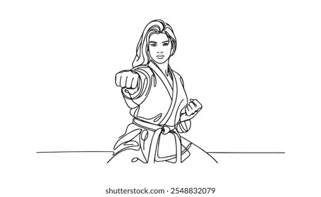 continuous one line art of a female karate fighters illustration.