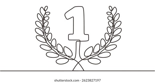 Continuous One Line Art First Place Symbol. Number one winner champion wreath minimalist vector illustration icon art.