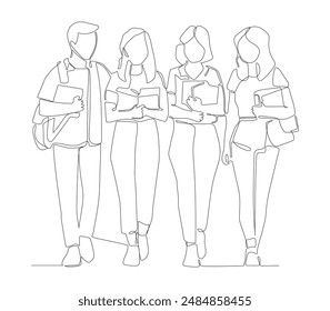 Continuous one line art of friends group students education boys and girls university and college life.