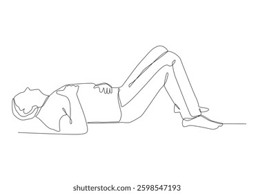 Continuous one line art of the full length male body lies on the floor. The concept of loss of strength, loss, fatigue, dead man, lose consciousness, fall, be defeated.