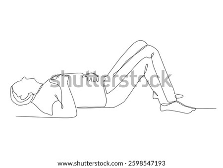 Continuous one line art of the full length male body lies on the floor. The concept of loss of strength, loss, fatigue, dead man, lose consciousness, fall, be defeated.