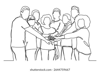 Continuous one line art of group of women and men stands with their hands together.	
