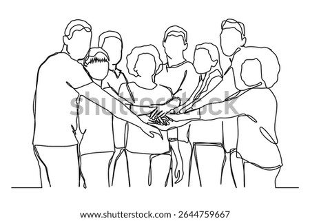 Continuous one line art of group of women and men stands with their hands together.	
