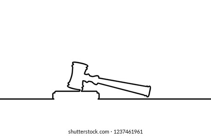 continuous one line art. hammer judge in the trial. Black and white vector illustration.